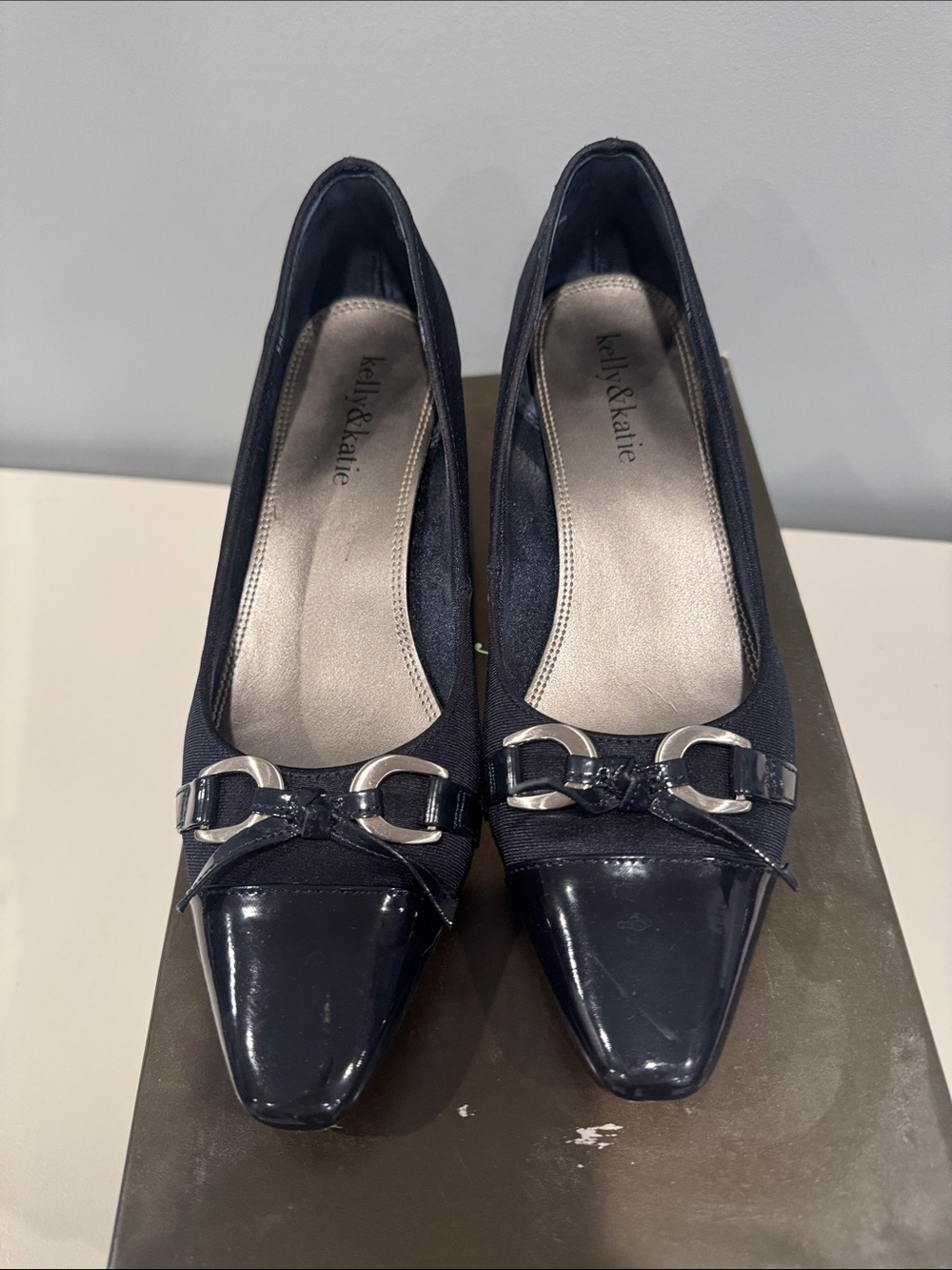 Kelly & Katie Navy Pointed-Toe Flats with Silver Buckle Detail